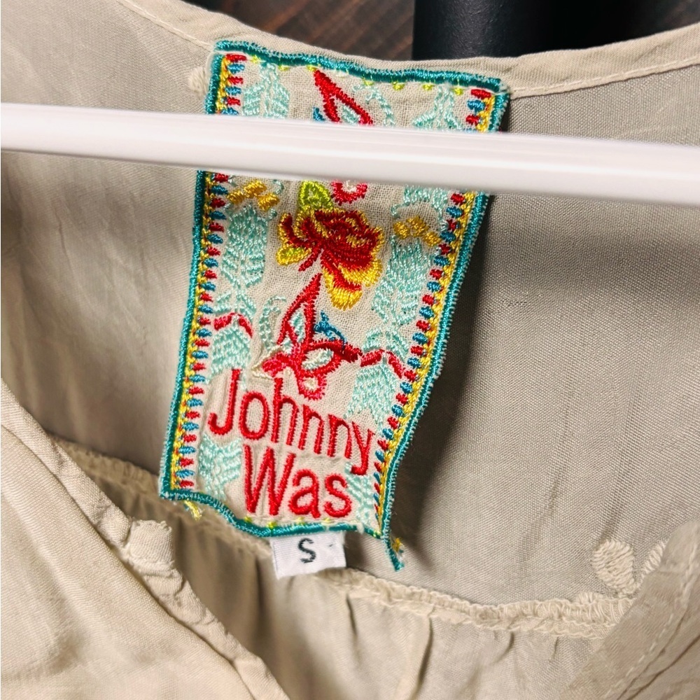 Johnny Was Embroidered Rayon Tunic Dress Small Beige Boho Crochet Hem - Picture 2 of 4